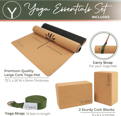 Premium Cork All-in-One Yoga Essentials Kit -Large Cork Yoga Mat and Blocks Set