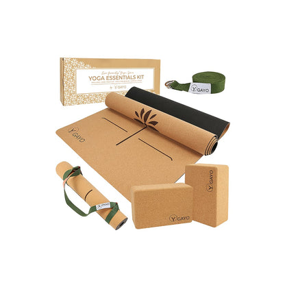 Premium Cork All-in-One Yoga Essentials Kit -Large Cork Yoga Mat and Blocks Set
