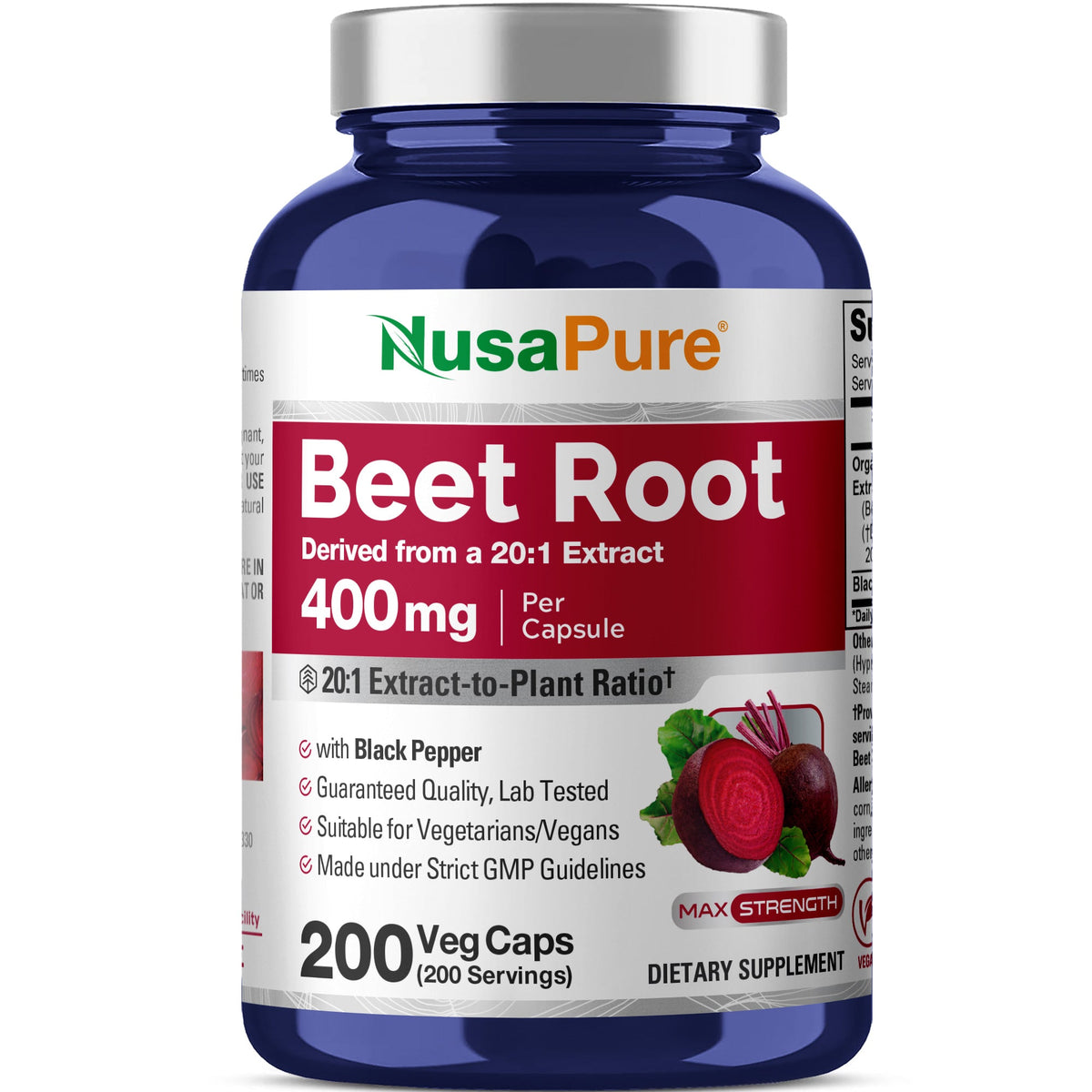 NusaPure Organic Beet Root + Black Pepper, 200 Capsules