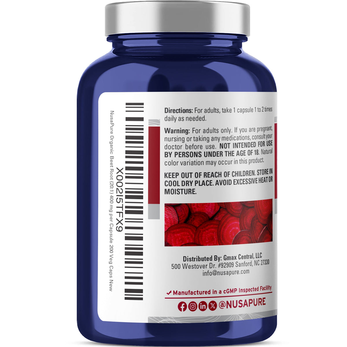 NusaPure Organic Beet Root + Black Pepper, 200 Capsules