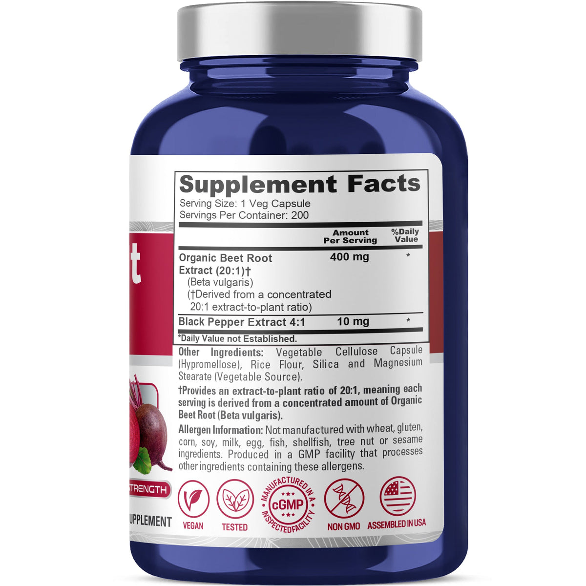 NusaPure Organic Beet Root + Black Pepper, 200 Capsules