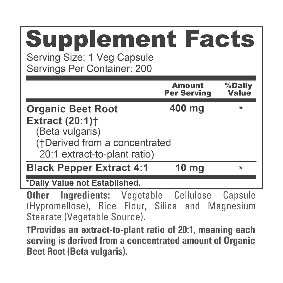 NusaPure Organic Beet Root + Black Pepper, 200 Capsules