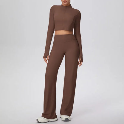 2 Pcs Women's Seamless Yoga Set Long-sleeved Wide-leg Pants Tracksuit Fitness Sports Set High-waisted Hip-lifting Slim-fit Suit