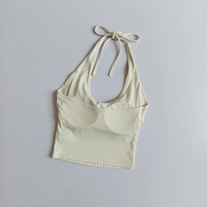 Women's Halter Neck Sports Bra Vest Slimming Tube Top for Yoga Gym Running Beautiful Back Sling Design One Cup Gathered Summer F