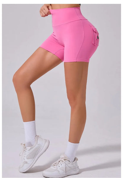 Women's Peach Lifting Yoga Shorts - High Waisted Stretchy Workout Shorts with Button Quick-Dry Tummy Control for Running Fitness