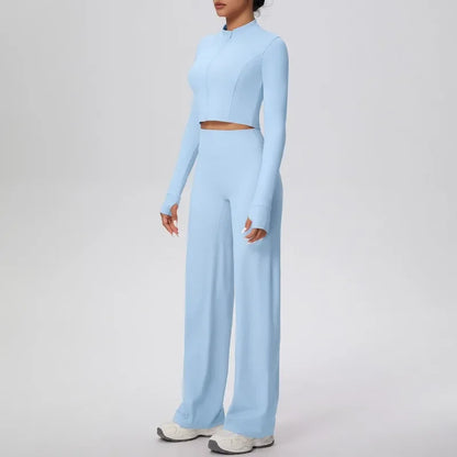 2 Pcs Women's Seamless Yoga Set Long-sleeved Wide-leg Pants Tracksuit Fitness Sports Set High-waisted Hip-lifting Slim-fit Suit
