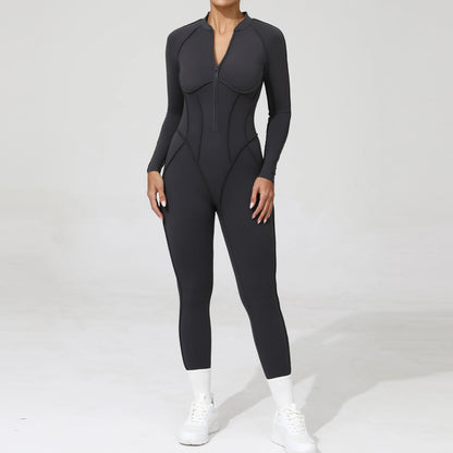 Padded Women Long Sleeve Sport Yoga Jumpsuit Workout Clothes for Women Sportwear Backless Zipper Fitness Gym Outfit