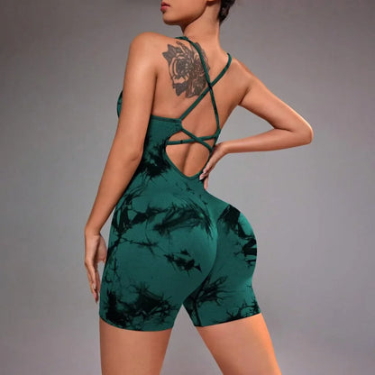 Cross Back Tie-Dye One Piece Yoga Shorts - Stylish Cropped Yoga Jumpsuit for Women