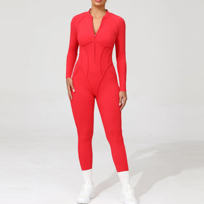 Padded Women Long Sleeve Sport Yoga Jumpsuit Workout Clothes for Women Sportwear Backless Zipper Fitness Gym Outfit