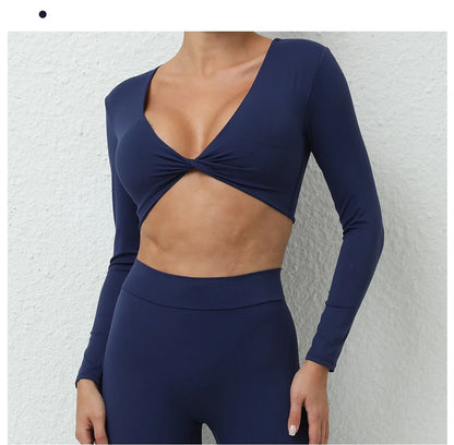 Long Sleeve Gym Crop Tops for Women Twist Deep V Workout Quick Dry Padded Sports Fitness Yoga T-Shirt