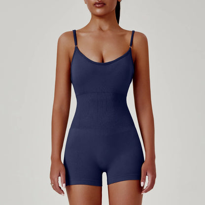 Solid Color Cross Back One Piece Yoga Shorts - Comfortable Cropped Yoga Jumpsuit for Women