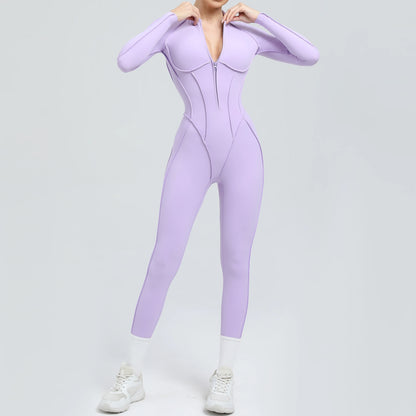 Padded Women Long Sleeve Sport Yoga Jumpsuit Workout Clothes for Women Sportwear Backless Zipper Fitness Gym Outfit