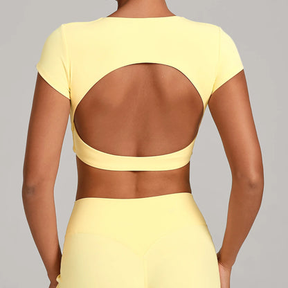 No Padded Women's Yoga T-shirt Short Sleeves Bra Backless Fitness Top Beautiful Back Gym Clothes Form-fitting Running Tee