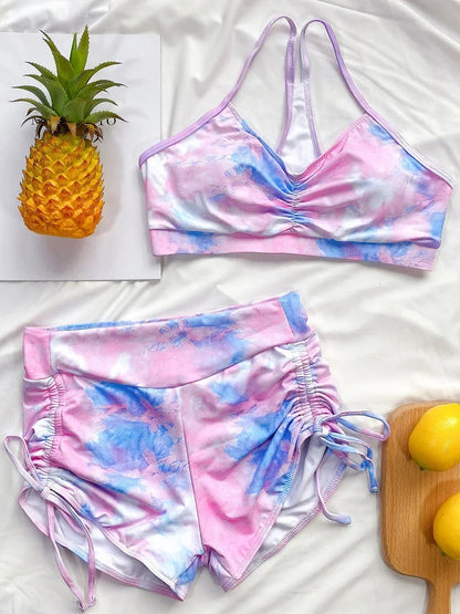 Tie Dye Lace Up Shorts Female Swimsuit High Waist Bikini Women Swimwear Two-pieces Bikini Set Yoga Bather Bathing Suit Swim Lady