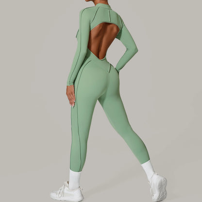 Padded Women Long Sleeve Sport Yoga Jumpsuit Workout Clothes for Women Sportwear Backless Zipper Fitness Gym Outfit