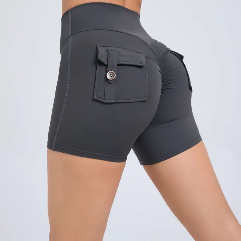 Women's Peach Lifting Yoga Shorts - High Waisted Stretchy Workout Shorts with Button Quick-Dry Tummy Control for Running Fitness