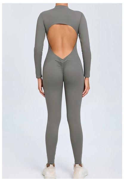 Women Sportwear Yoga Jumpsuit Zip Long Sleeve Back Open Outfit Fitness Tracksuit Tight One-piece Gym Overalls Sports Bodysuit
