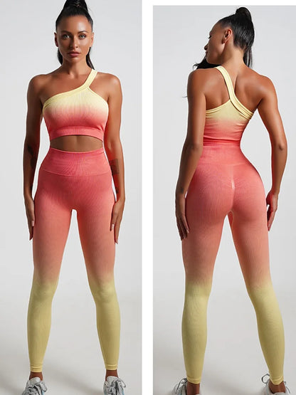 Seamless Tight Yoga Sets Sports Fitness Gradient Single Shoulder Bra High Waist Hip Lifting Pants Suits Wokout Gym Running Sets