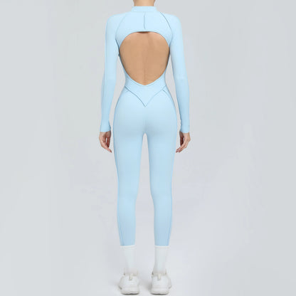 Padded Women Long Sleeve Sport Yoga Jumpsuit Workout Clothes for Women Sportwear Backless Zipper Fitness Gym Outfit