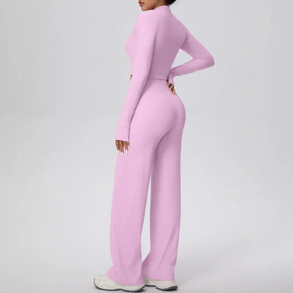 2 Pcs Women's Seamless Yoga Set Long-sleeved Wide-leg Pants Tracksuit Fitness Sports Set High-waisted Hip-lifting Slim-fit Suit
