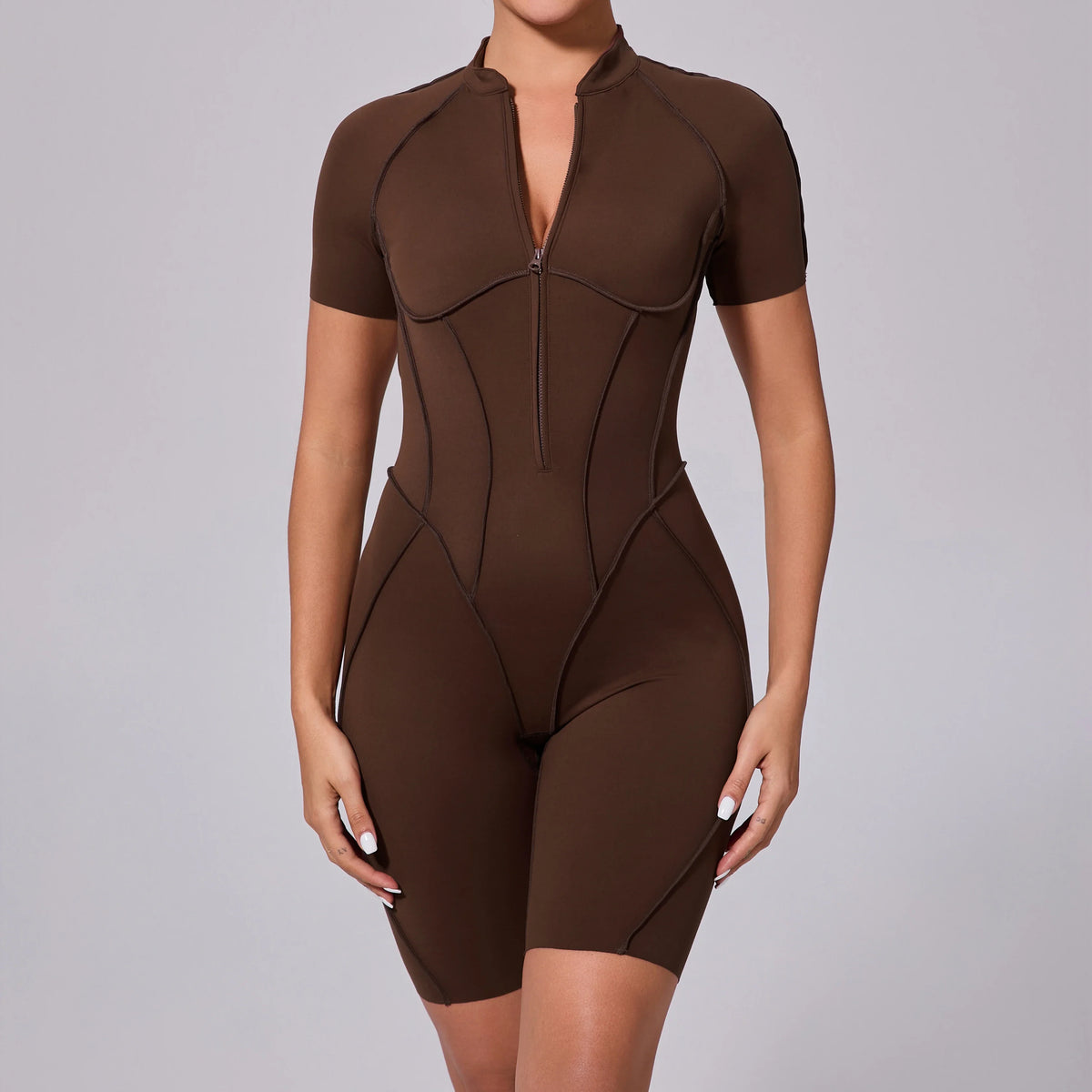 Summer Zipper Workout Jumpsuit Sports Overalls Women Running Fitness Short Sleeve Yoga Bodysuit