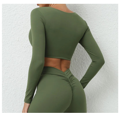 Long Sleeve Gym Crop Tops for Women Twist Deep V Workout Quick Dry Padded Sports Fitness Yoga T-Shirt