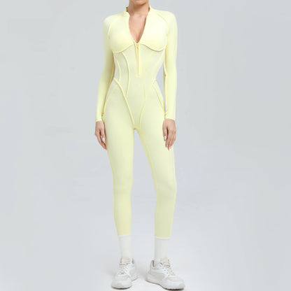 Padded Women Long Sleeve Sport Yoga Jumpsuit Workout Clothes for Women Sportwear Backless Zipper Fitness Gym Outfit