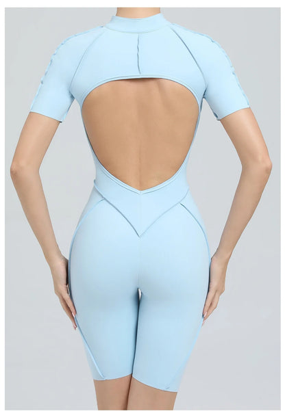Summer Zipper Workout Jumpsuit Sports Overalls Women Running Fitness Short Sleeve Yoga Bodysuit