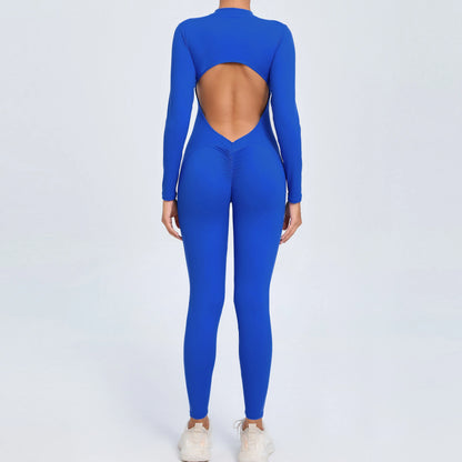 Women Sportwear Yoga Jumpsuit Zip Long Sleeve Back Open Outfit Fitness Tracksuit Tight One-piece Gym Overalls Sports Bodysuit