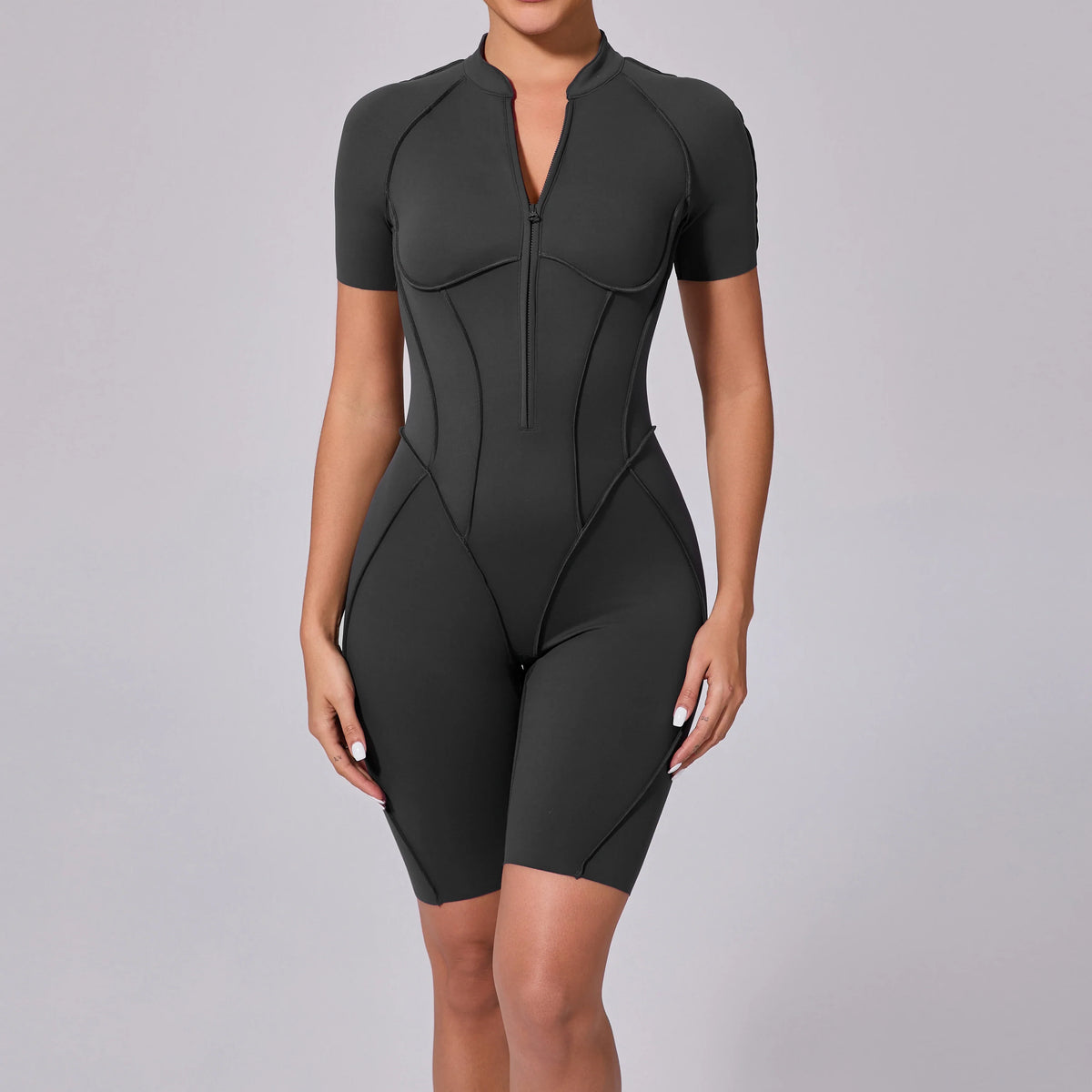 Summer Zipper Workout Jumpsuit Sports Overalls Women Running Fitness Short Sleeve Yoga Bodysuit