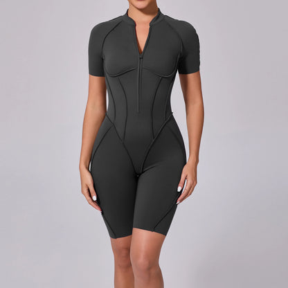 Summer Zipper Workout Jumpsuit Sports Overalls Women Running Fitness Short Sleeve Yoga Bodysuit