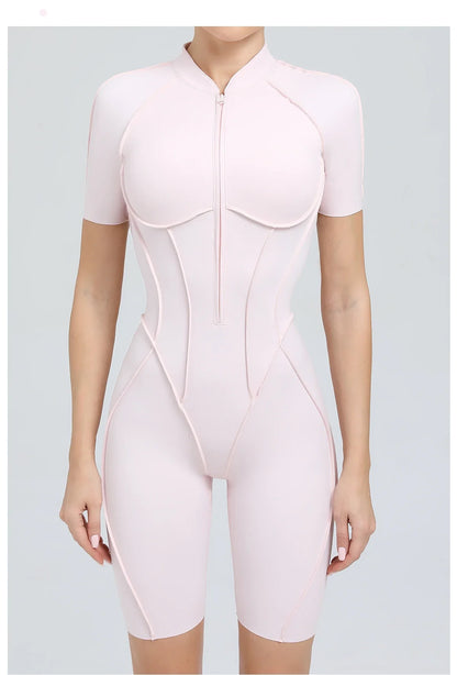 Summer Zipper Workout Jumpsuit Sports Overalls Women Running Fitness Short Sleeve Yoga Bodysuit
