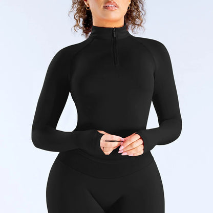 Women Half Zip Long Sleeve Yoga Top Thumb Hole Slim Fit Stretchy Sports Workout Running Fitness Active Shirts