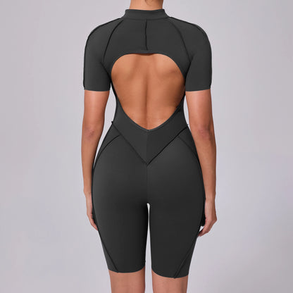 Summer Zipper Workout Jumpsuit Sports Overalls Women Running Fitness Short Sleeve Yoga Bodysuit