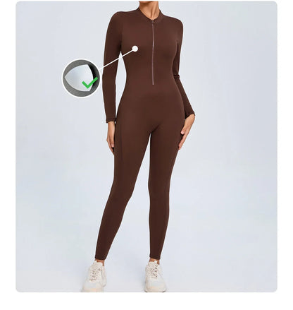 Women Sportwear Yoga Jumpsuit Zip Long Sleeve Back Open Outfit Fitness Tracksuit Tight One-piece Gym Overalls Sports Bodysuit