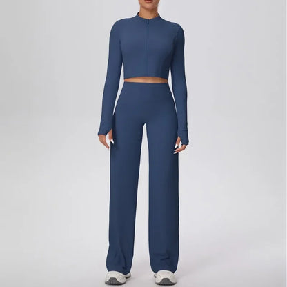 2 Pcs Women's Seamless Yoga Set Long-sleeved Wide-leg Pants Tracksuit Fitness Sports Set High-waisted Hip-lifting Slim-fit Suit