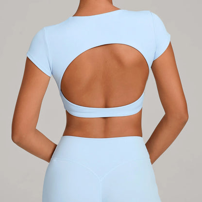 No Padded Women's Yoga T-shirt Short Sleeves Bra Backless Fitness Top Beautiful Back Gym Clothes Form-fitting Running Tee