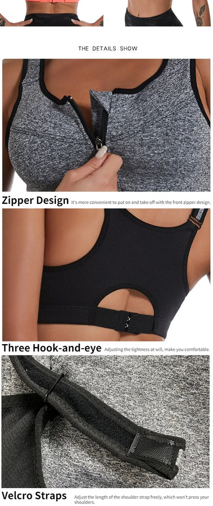 New Sports Bra Women Front Zipper Push Up Gym Jogging Crop Top More Size Tops Yoga Fitness Shockproof Vest Sport Bras for Women