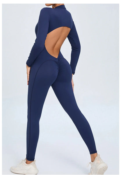 Women Sportwear Yoga Jumpsuit Zip Long Sleeve Back Open Outfit Fitness Tracksuit Tight One-piece Gym Overalls Sports Bodysuit