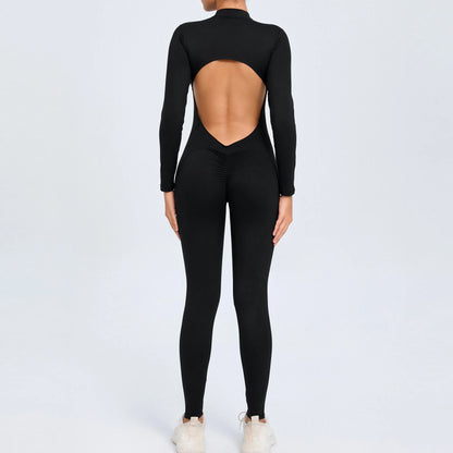 Women Sportwear Yoga Jumpsuit Zip Long Sleeve Back Open Outfit Fitness Tracksuit Tight One-piece Gym Overalls Sports Bodysuit