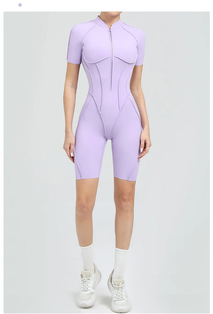 Summer Zipper Workout Jumpsuit Sports Overalls Women Running Fitness Short Sleeve Yoga Bodysuit
