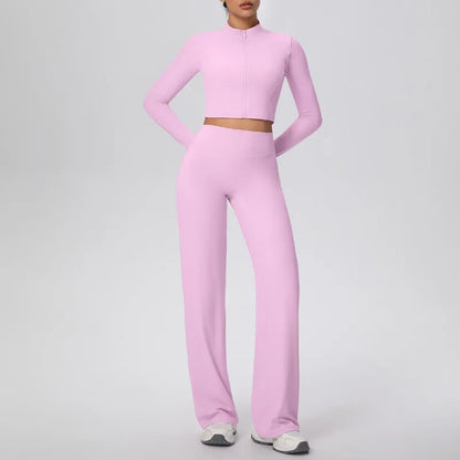 2 Pcs Women's Seamless Yoga Set Long-sleeved Wide-leg Pants Tracksuit Fitness Sports Set High-waisted Hip-lifting Slim-fit Suit