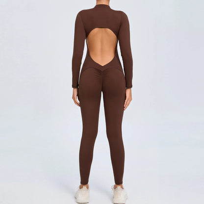 Women Sportwear Yoga Jumpsuit Zip Long Sleeve Back Open Outfit Fitness Tracksuit Tight One-piece Gym Overalls Sports Bodysuit