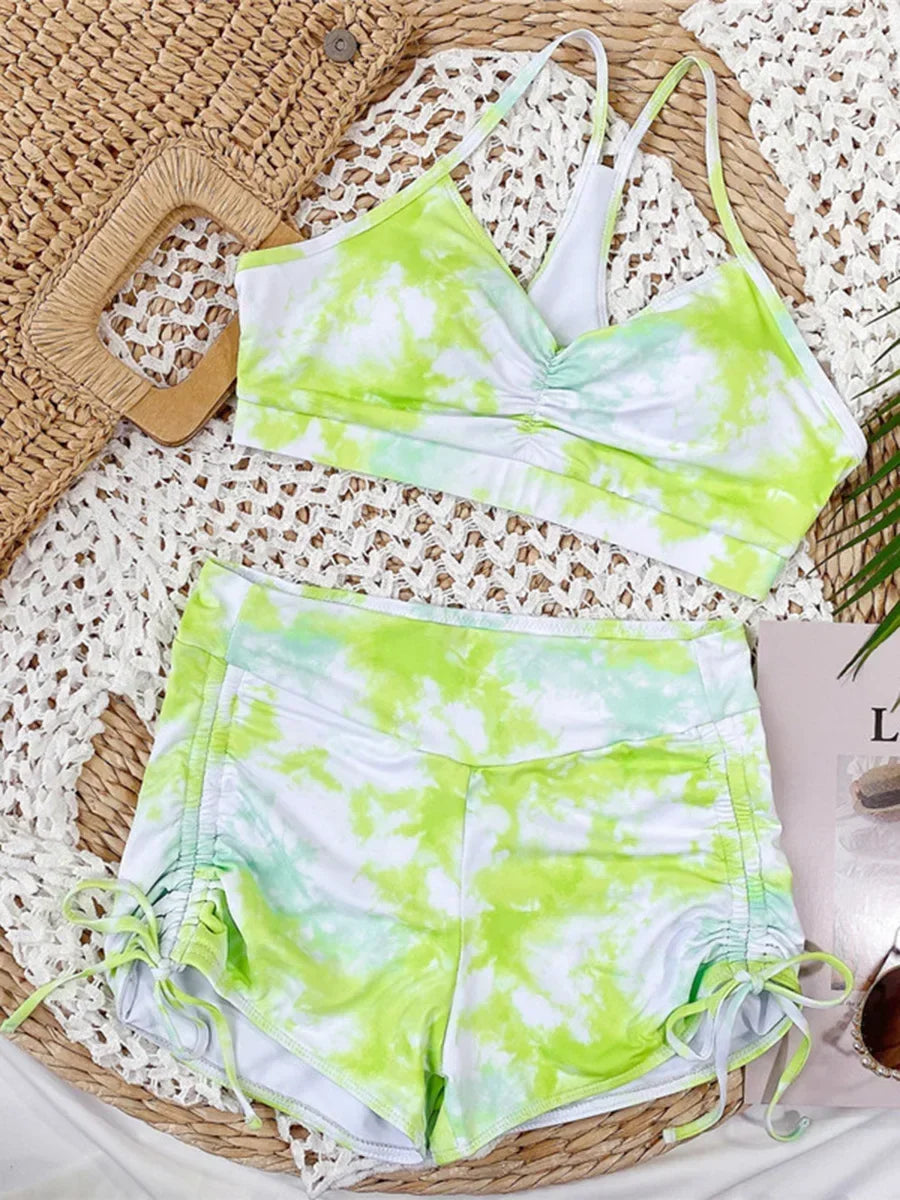 Tie Dye Lace Up Shorts Female Swimsuit High Waist Bikini Women Swimwear Two-pieces Bikini Set Yoga Bather Bathing Suit Swim Lady