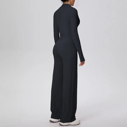 2 Pcs Women's Seamless Yoga Set Long-sleeved Wide-leg Pants Tracksuit Fitness Sports Set High-waisted Hip-lifting Slim-fit Suit