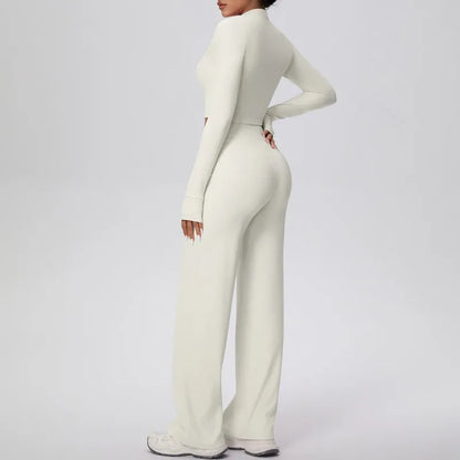 2 Pcs Women's Seamless Yoga Set Long-sleeved Wide-leg Pants Tracksuit Fitness Sports Set High-waisted Hip-lifting Slim-fit Suit