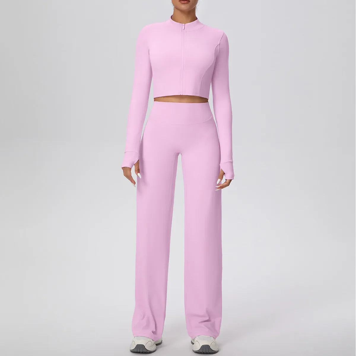 2 Pcs Women's Seamless Yoga Set Long-sleeved Wide-leg Pants Tracksuit Fitness Sports Set High-waisted Hip-lifting Slim-fit Suit
