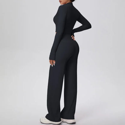 2 Pcs Women's Seamless Yoga Set Long-sleeved Wide-leg Pants Tracksuit Fitness Sports Set High-waisted Hip-lifting Slim-fit Suit