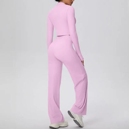 2 Pcs Women's Seamless Yoga Set Long-sleeved Wide-leg Pants Tracksuit Fitness Sports Set High-waisted Hip-lifting Slim-fit Suit