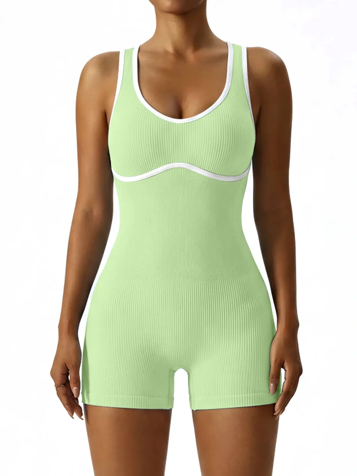 Sleeveless Contrast Trim Backless Yoga Romper Seamless Body Shaping Sport Jumpsuit for Running Training